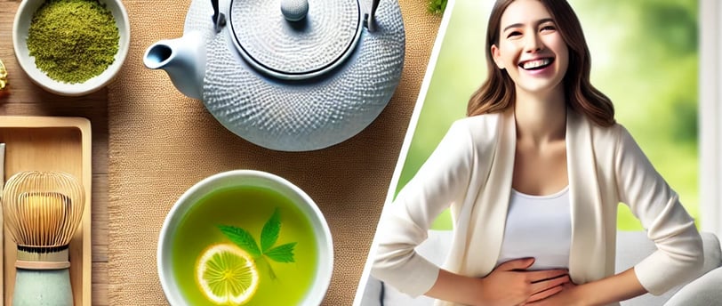 Gut health support with tea and relaxation elements for digestive wellness.