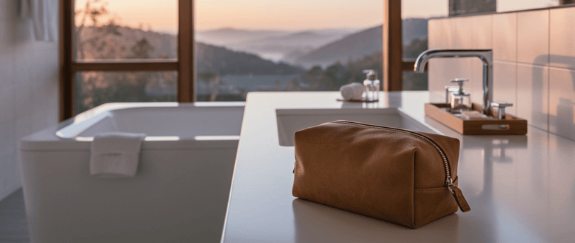 Toiletry bag on a bathroom countertop in a hotel room by overlooking mountain view