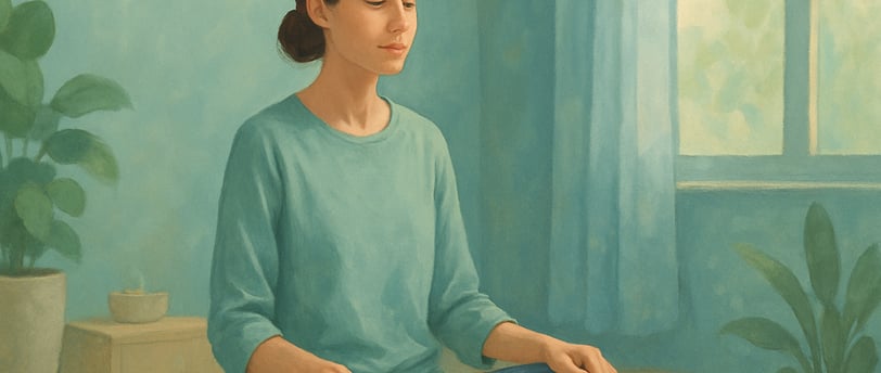 Illustration of a person practicing meditation or a relaxing activity in a calming environment, with soft colors (blue, green