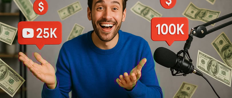 Illustration of a happy YouTube creator in front of a screen with floating dollars, symbolizing fast monetization and passive