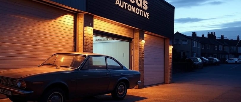 Leeds garage at dusk, ready for SEO success with local consultant.