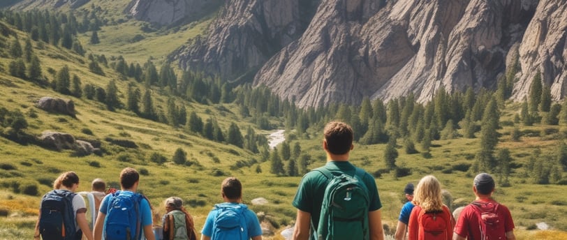 a teacher with a group of students hiking through the mountains in nature