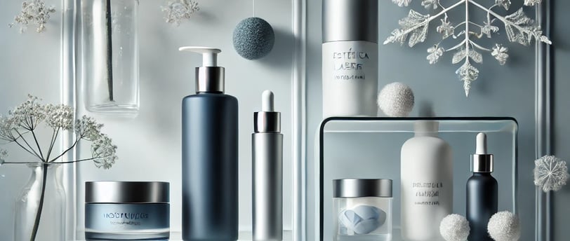 a display of skin care products and cosmetics products with a winter theme