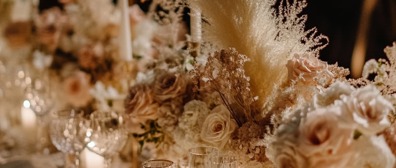 a table with a bunch of flowers and candles