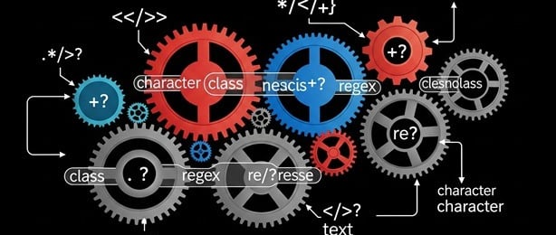 Conceptual illustration of REGEX with interconnected gears and common syntax symbols