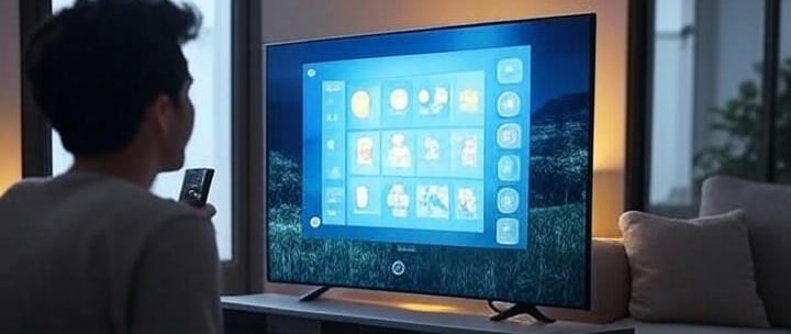 uma pessoa com um controle remoyoem frente a uma tv