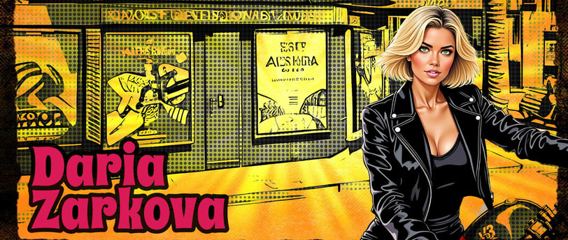 Daria Zarkova frente a un quiosco en la Alameda de Colón, con mirada alerta y chaqueta de cuero, en una escena de estilo pop-