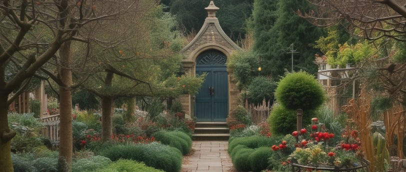 A landscaped garden features a combination of red brick and light gray stone tiles forming a pathway. Lush greenery surrounds the area, including a large leafy plant in a dark gray pot and a vibrant patch of purple flowers against a gray exterior wall. Ivy climbs along one side of the space.
