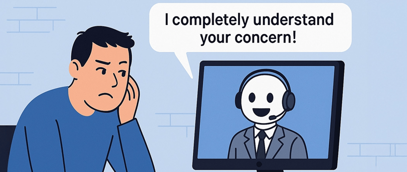 Annoyed man talking to robot support agent on screen during fake AI tech support session.