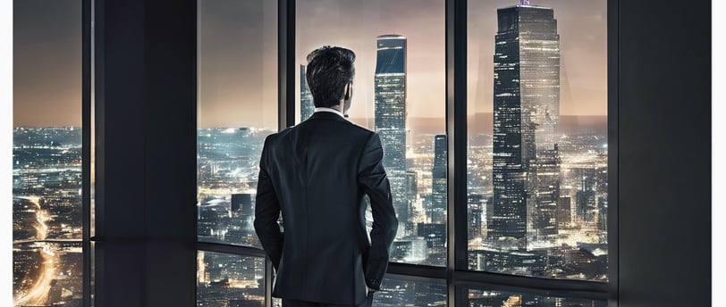 um homem de terno em frente a uma janela com vista para a cidade
