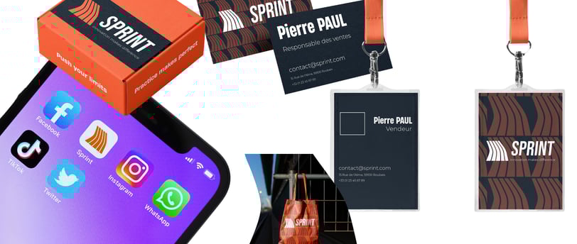 Des mockups avec une boite de chaussure, une carte de visite, un badge, des tote bags etc