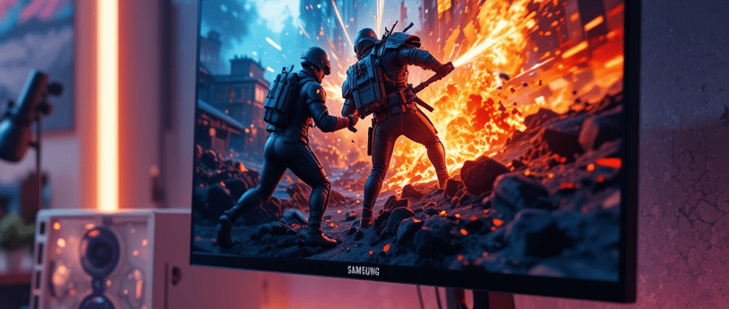 Monitor gamer Sansung 24" FHD com imagem de jogo de tiro.