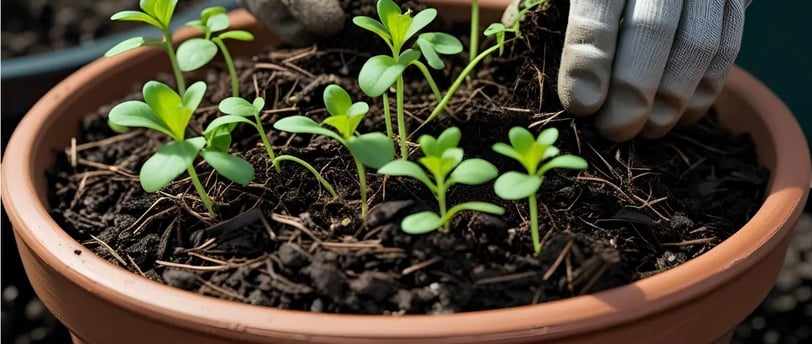 Mains gantées en train d’appliquer du paillage organique autour de jeunes plants dans un pot