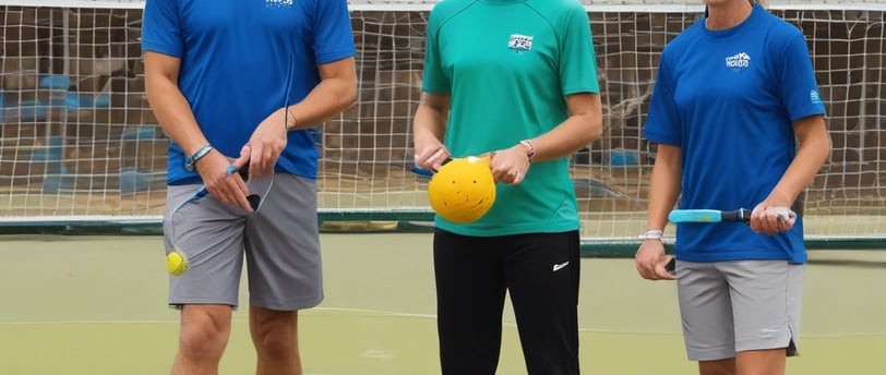 A set of table tennis paddles and a white ball are arranged on a reflective surface. The paddles are varied in design and have different colored rubber surfaces. In the background, there is a window showing a blurred view of an outdoor scene with palm trees and sky.