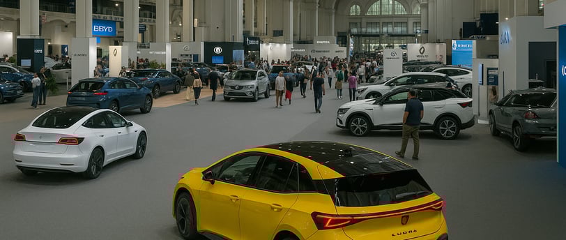 Exposición de vehículos eléctricos en el Automobile Barcelona 2025, en el recinto Fira Montjuïc