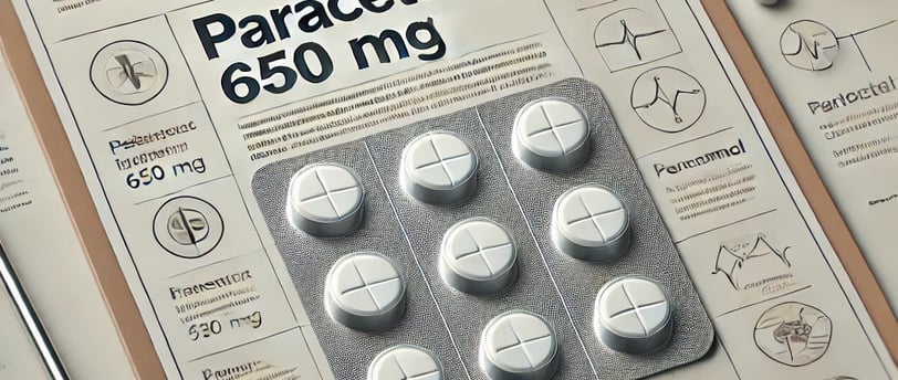 "Blister pack of Paracetamol 650 mg tablets on a medical-themed background with a stethoscope and clipboard,