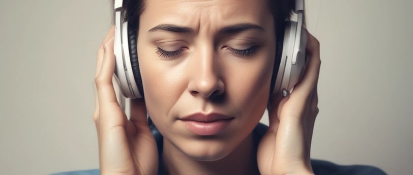 a woman with headphones on suffering from tinnitus
