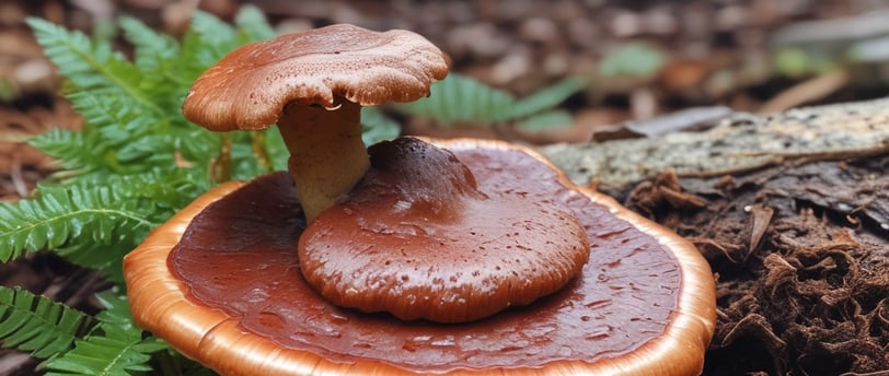 A large brown mushroom is growing amidst green grass and foliage. The surrounding vegetation appears lush, with long blades of grass partially obscuring the mushroom, creating a natural setting.