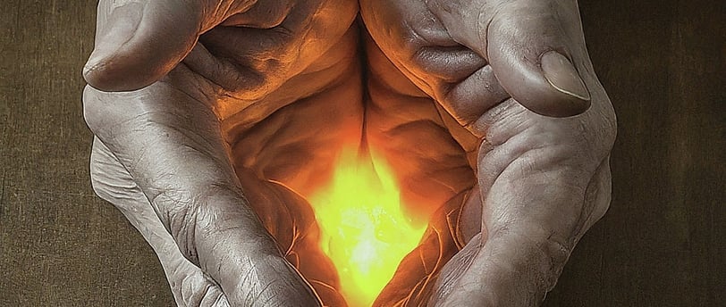 a person holding a heart shaped fire in their hands
