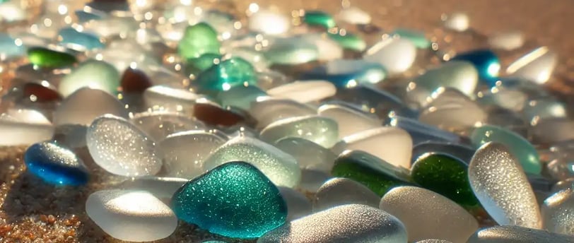 Sea glass scattered on a sandy beach