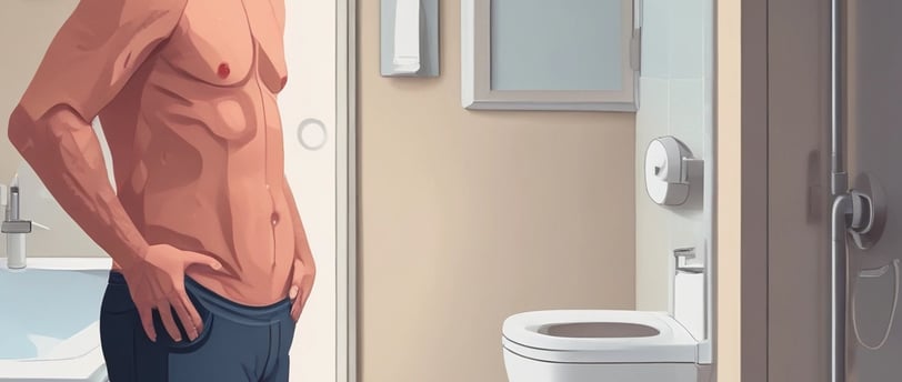 Un hombre en el baño con dolor porque no puede ir al baño y molestias