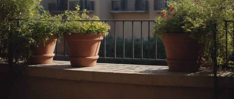 pots en terre cuite garnis de plantes vertes sur le rebord d’un balcon à l'ombre