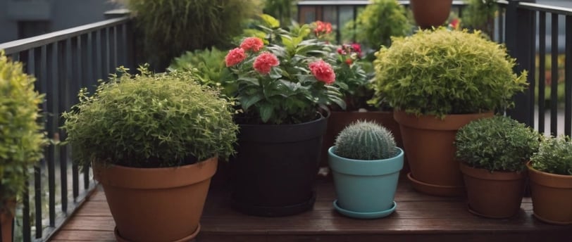 Petit balcon urbain décoré avec de nombreuses plantes en pots, , idéal pour un jardin de balcon