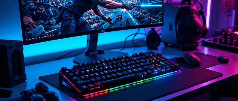 teclado gamer Titorion TE-001 sobre um setup para jogos.