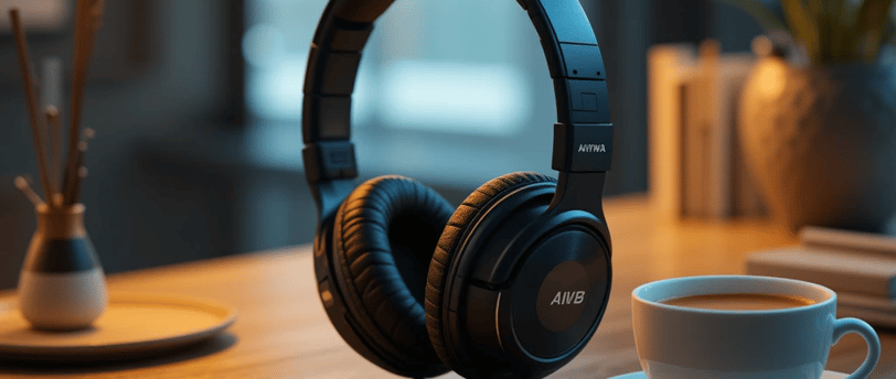 Headphone AIWA HP-02-B Bluetooth com ANC sobre uma mesa ao lado de uma xícara de café.
