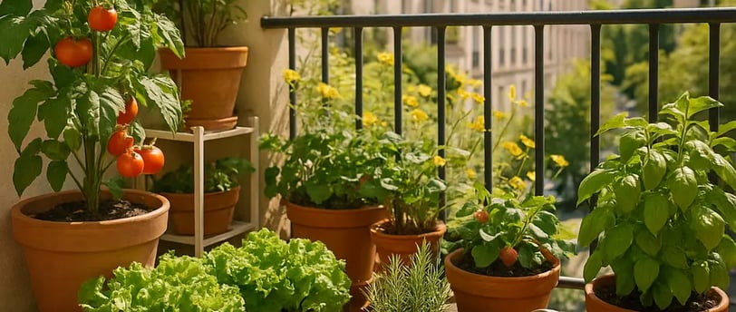Potager de balcon ensoleillé avec des plants de tomates, de laitue, de basilic, de romarin