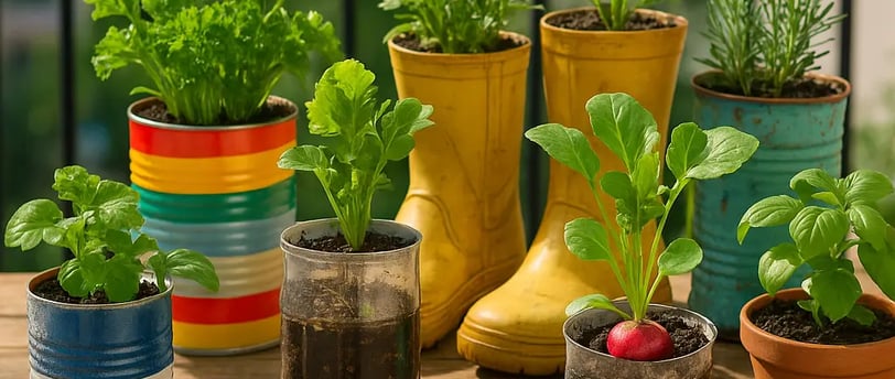 Plantes aromatiques et légumes en pot sur un balcon, cultivés dans des contenants originaux