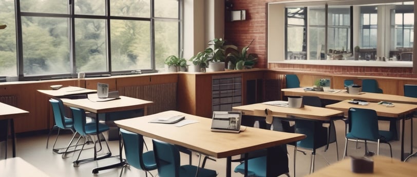 a classroom with desks plants windows and chairs and a desk