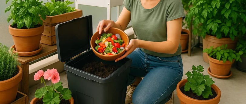 composteur sur un balcon entouré de plantes en pots, illustrant le compostage urbain.