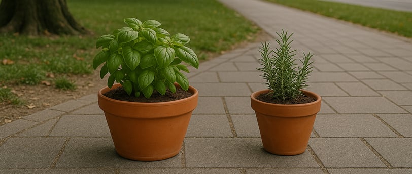 two potted plants in a potted planter in an urban environment