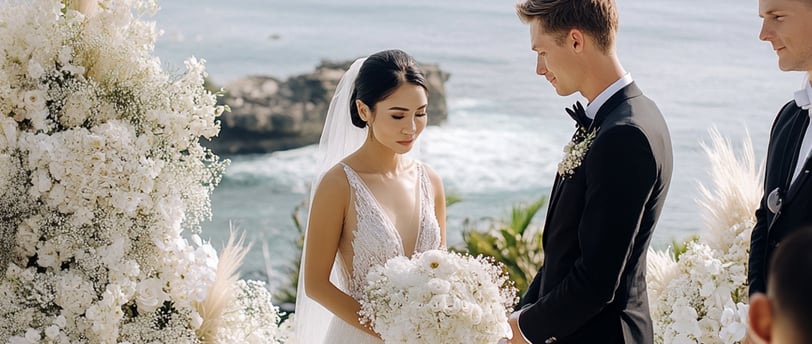 a bride and groom standing in front of a wedding ceremony