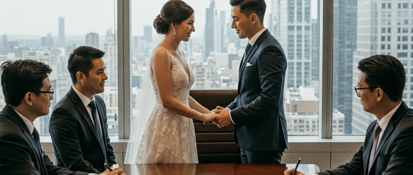 a bride and groom are standing in front of a large window