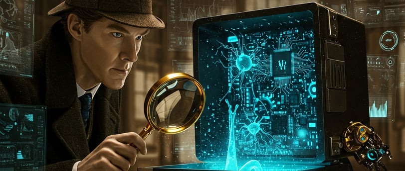 Sherlock Holmes examina con una lupa el interior de una caja negra etiquetada como "IA"