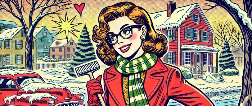 a woman in a red coat and a red car