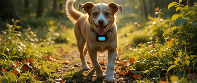 cachorro em um parque com a coleira rastreadora GPS Light Moo para Pets