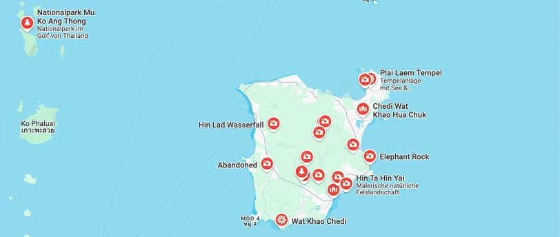 Map of photo shoot locations on the island of Samui, Thailand.