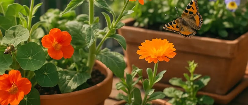 Fleurs comestibles en pots sur un balcon, incluant des soucis, des capucines,