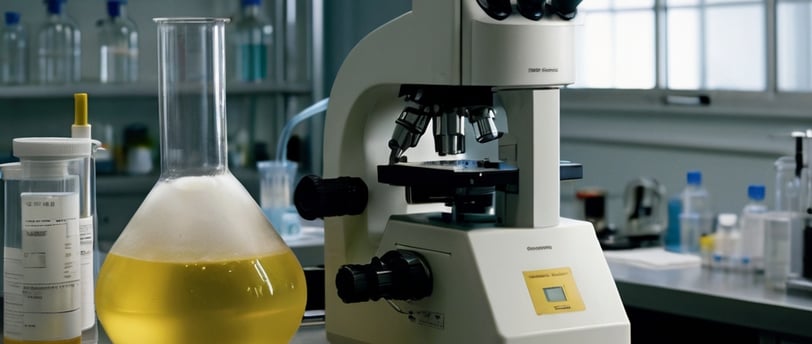 Urina de 24 hs e microscópio encima da bancada de um laboratório