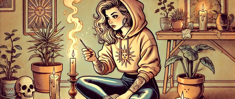 a woman sitting on a table with a candle and a candle