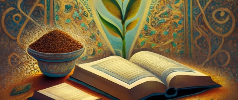 a Quran book with a bowl of grains and a growing vegetable