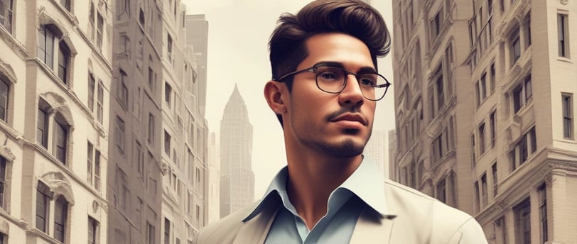 a man in a suit and glasses standing in front of a cityscapeople