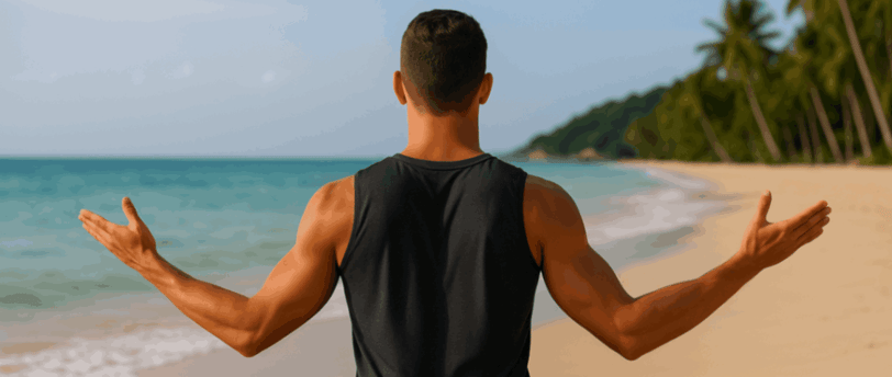 Rick Silvia sitting on a beach in a yoga pose