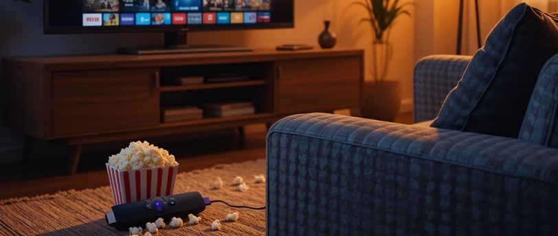 sala de star com o aparelho roku stick 4k e uma tv sobre um rack.