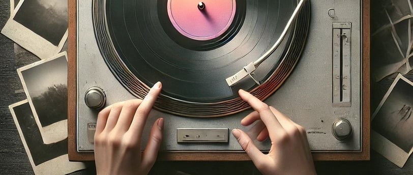 2 manos poniendo una canción de un vinilo. hay fotos polaroid en mesa evocando recuerdos