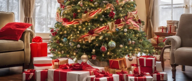 a box filled with cookies next to a christmas tree