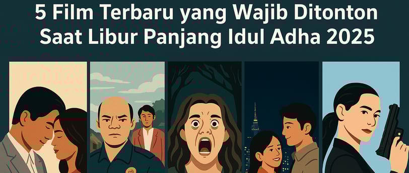 Ilustrasi lima film bioskop yang tayang saat libur panjang Idul Adha 2025, dengan suasana layar lebar dan berbagai genre film